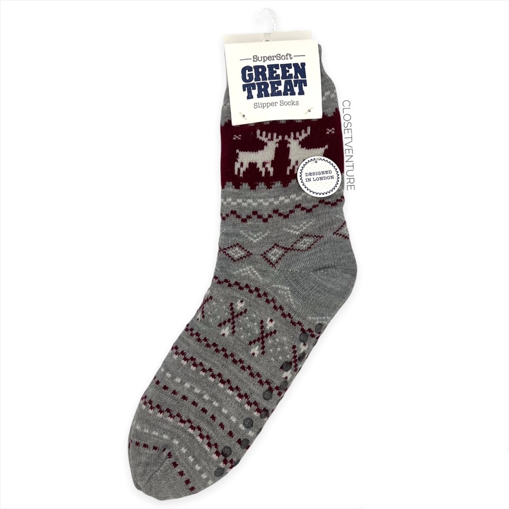Green Treat Men’s 1 Pair SuperSoft Deer Print Christmas Slipper Socks Size 8-12